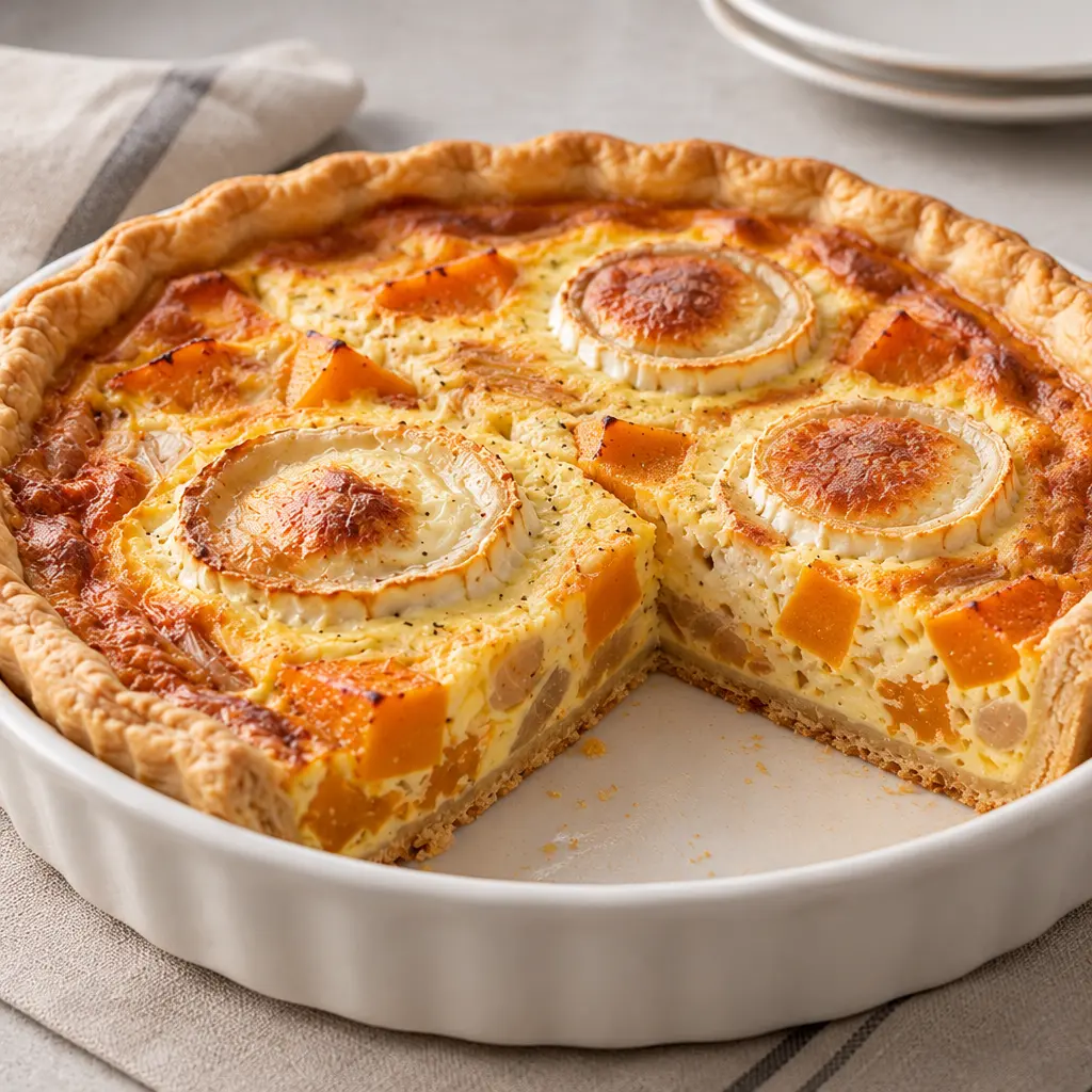 Quiche rustique au potimarron et au chèvre, dorée