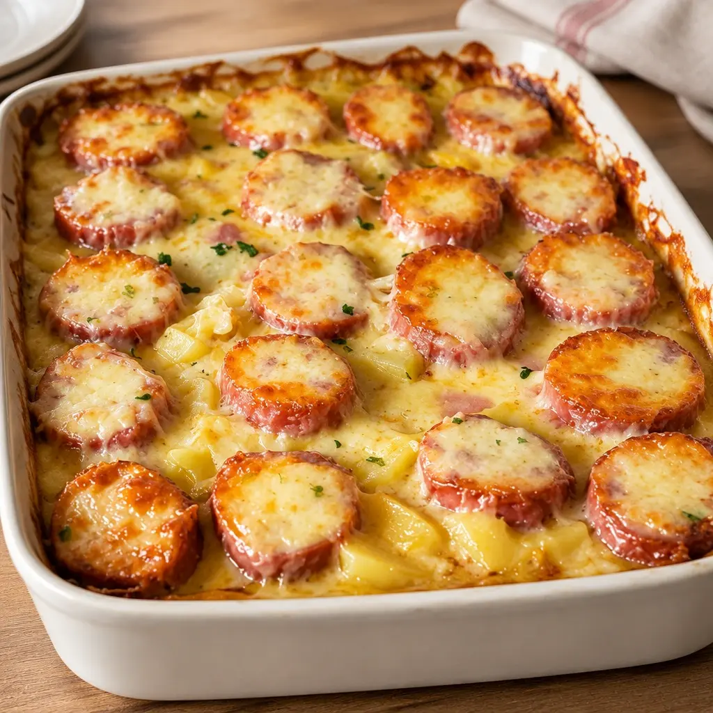 Gratin de pommes de terre au saucisson, fondant et doré