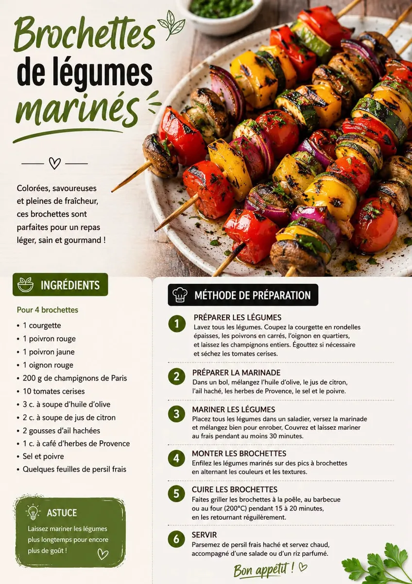 Brochettes de légumes marinés