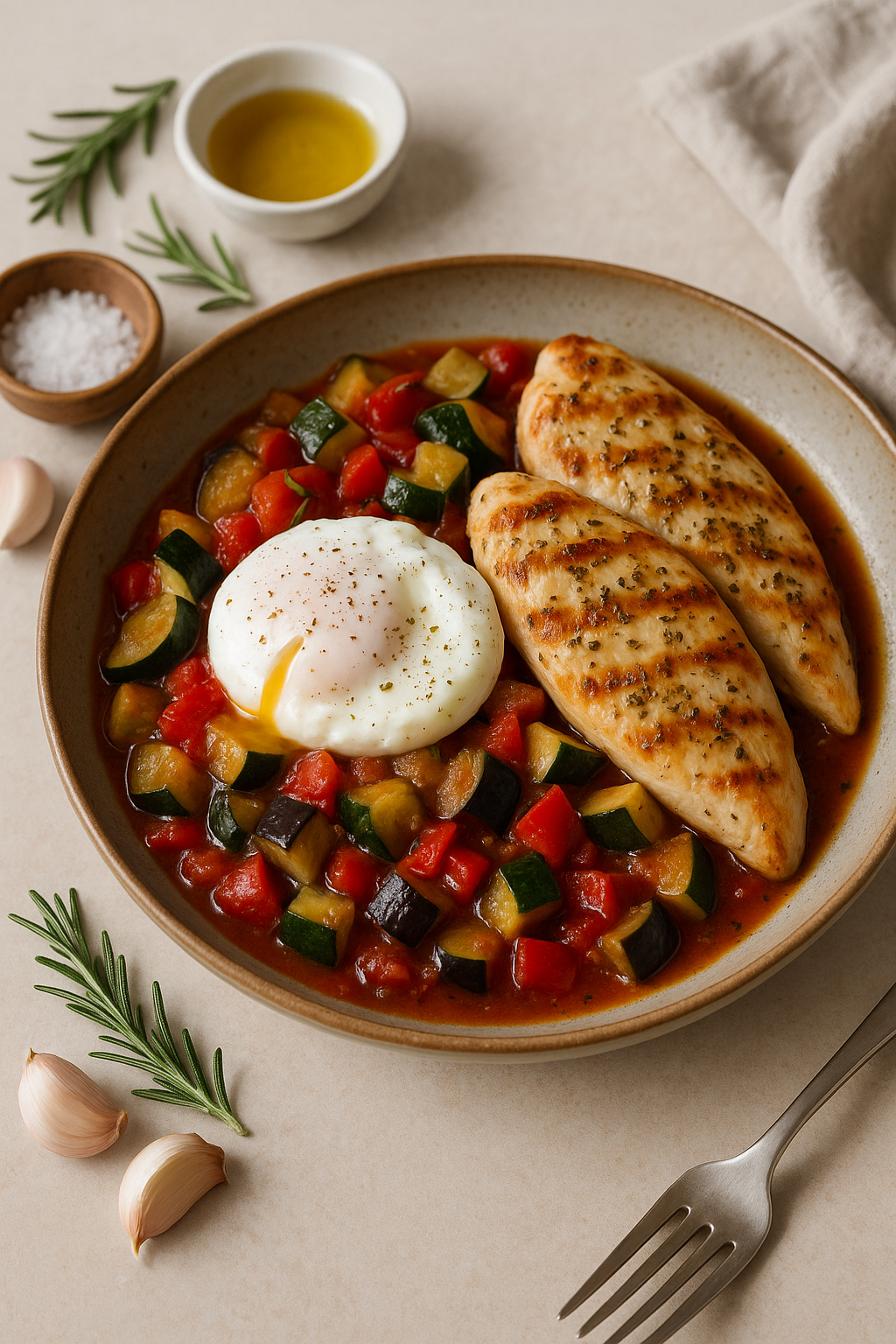 Ratatouille au poulet grillé et œuf poché