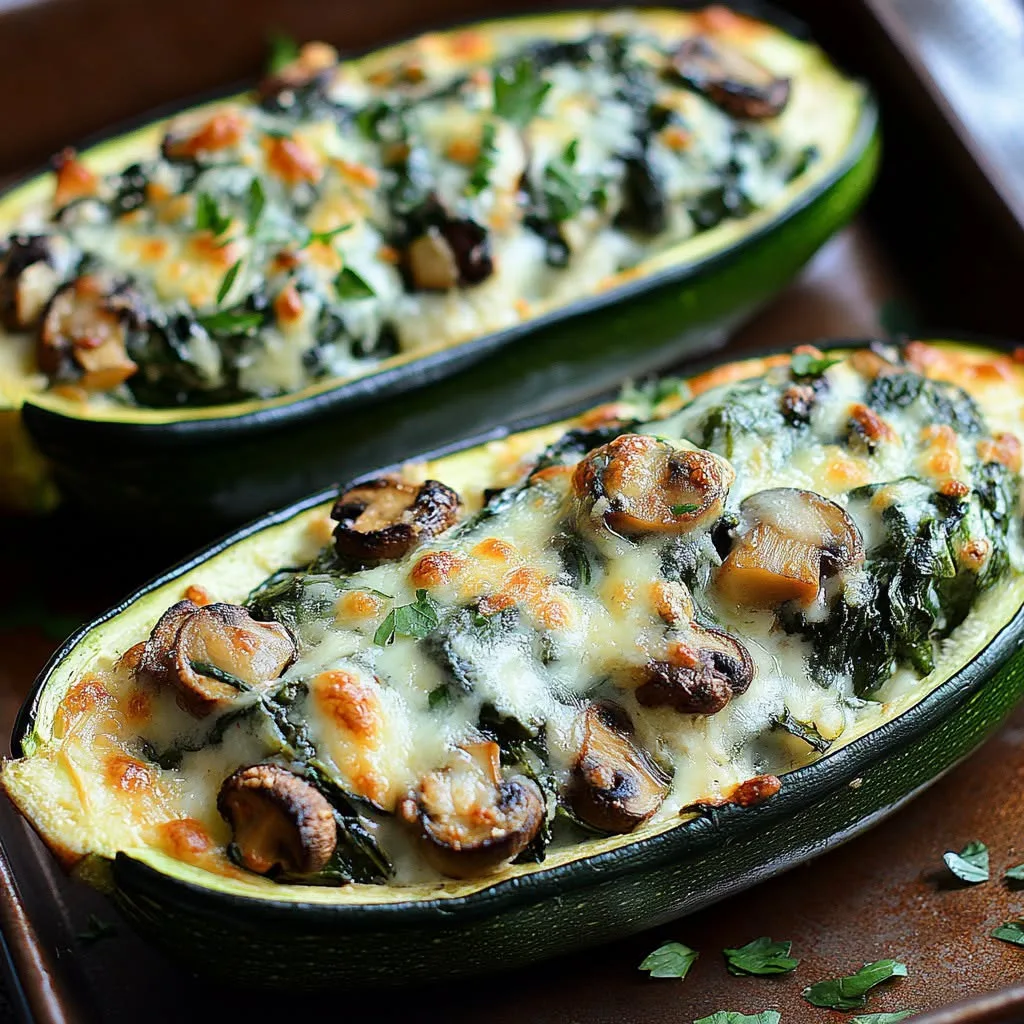 Bateaux de courgettes farcis aux épinards, champignons et ricotta