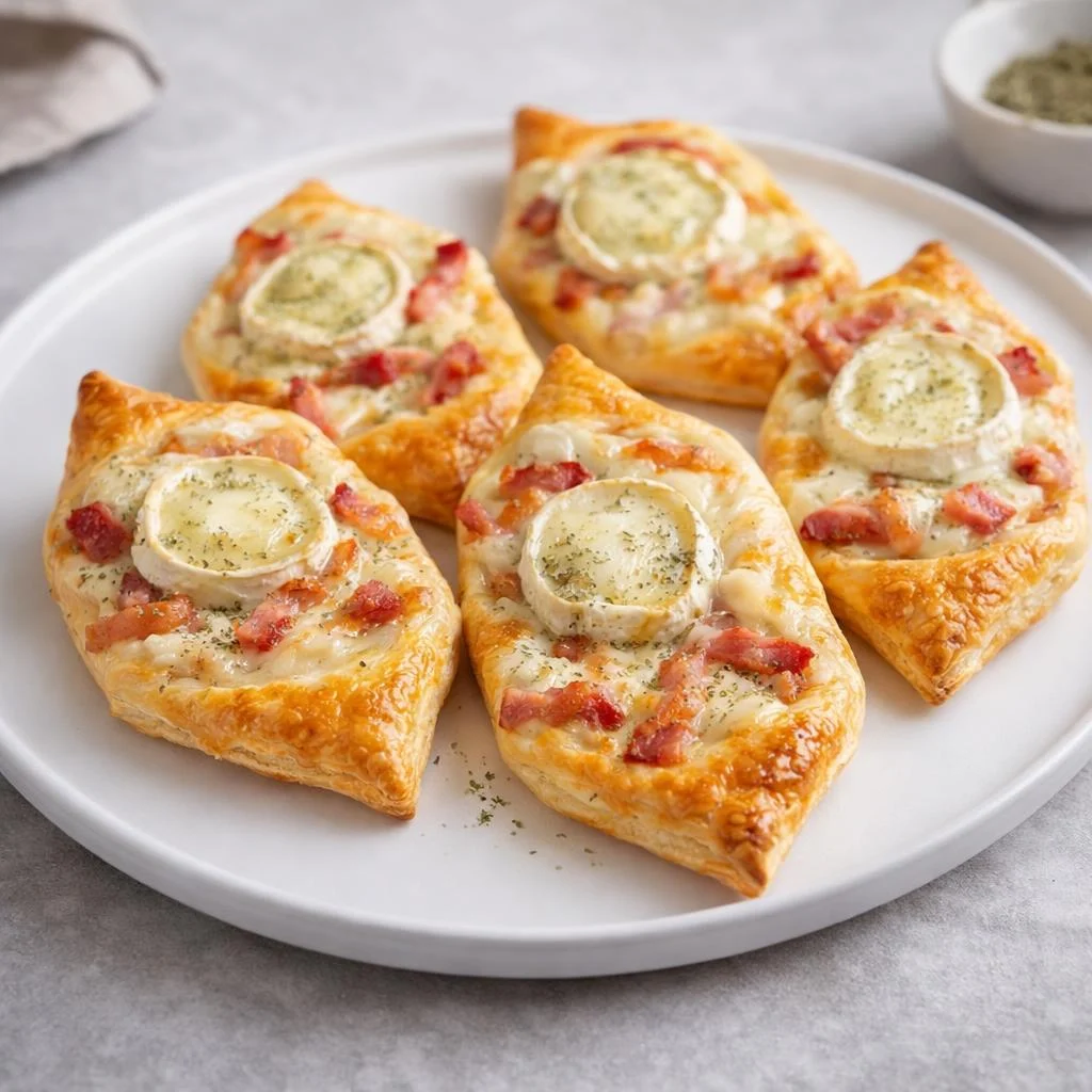 Feuilletés chèvre-lardons au fromage (pâte feuilletée, crème fraîche, mozzarella râpée)