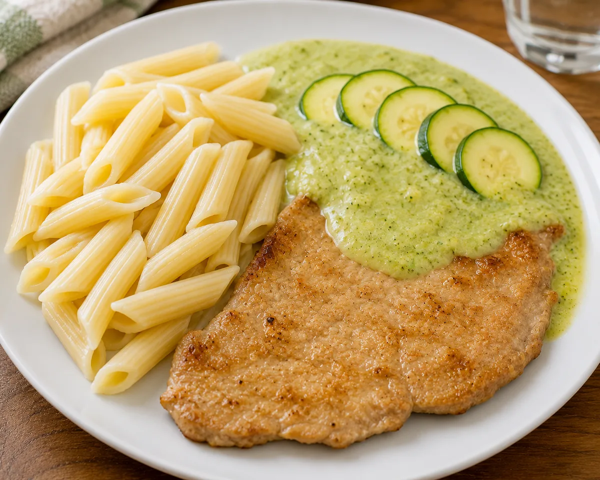 Escalope de veau poêlée, pâtes blanches, sauce douce à la courgette mixée