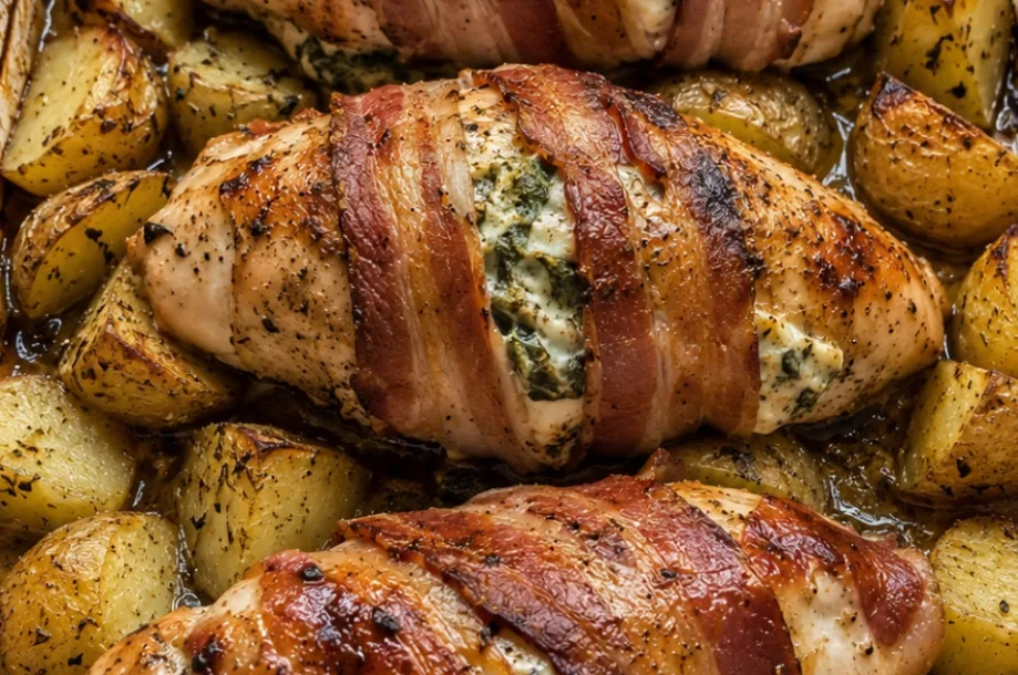 Poulet farci au bacon et pommes de terre au four