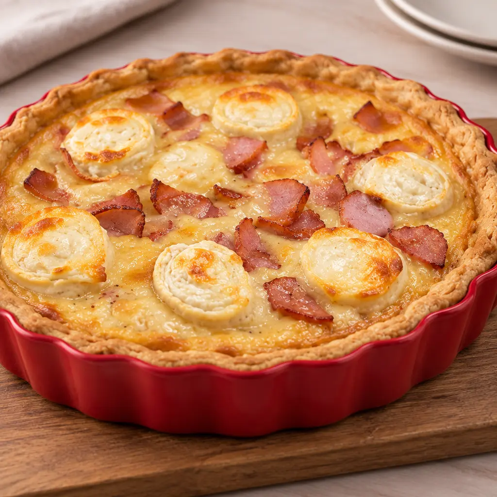 Quiche au chèvre et aux lardons, dorée et fondante