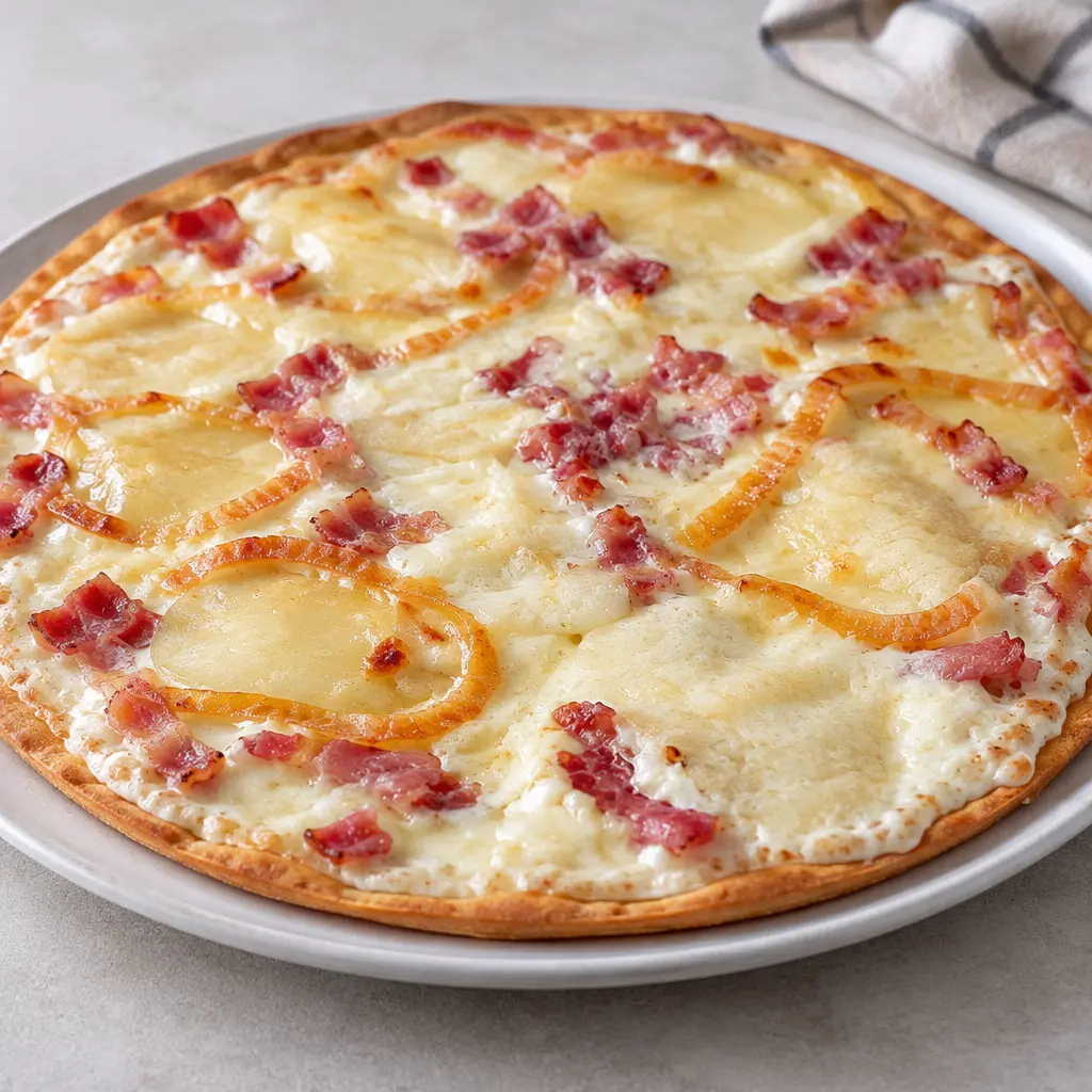 Tarte flambée au bacon, pommes de terre et fromage fondant