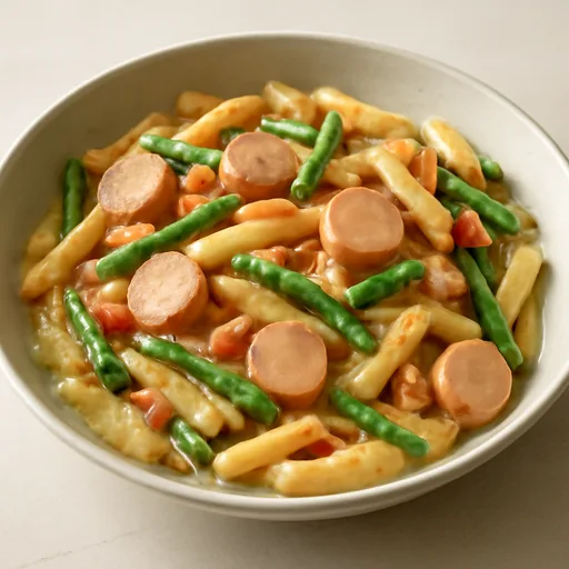 Penne aux knacki de poulet et aux haricots verts