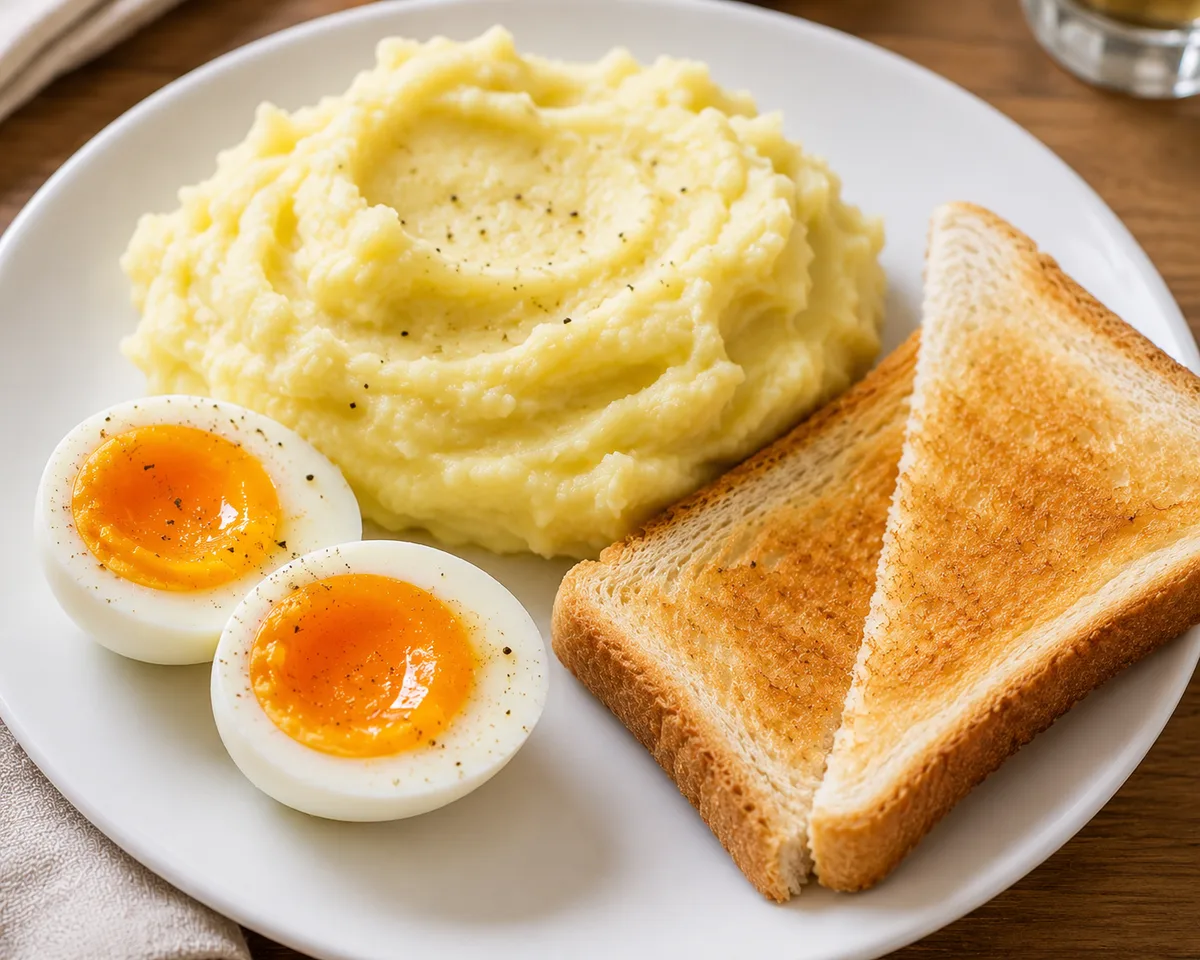 Œufs mollets, purée de pomme de terre, pain blanc grillé