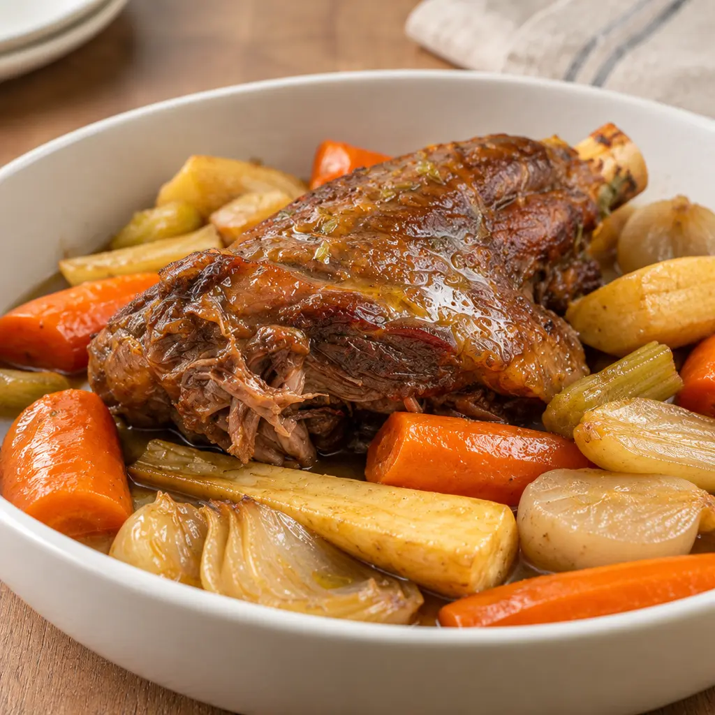 Agneau braisé aux légumes, fondant et bien doré