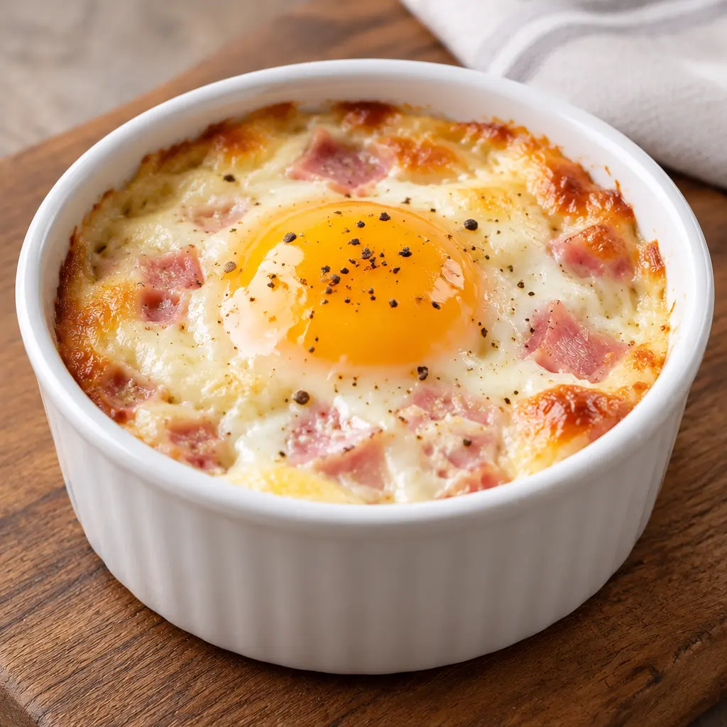 Œufs cocotte au jambon et au fromage, fondants et dorés