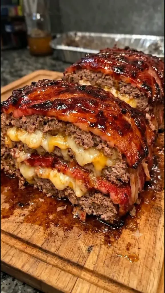 Pain de Viande Farci au Fromage, Enveloppé de Bacon Caramélisé