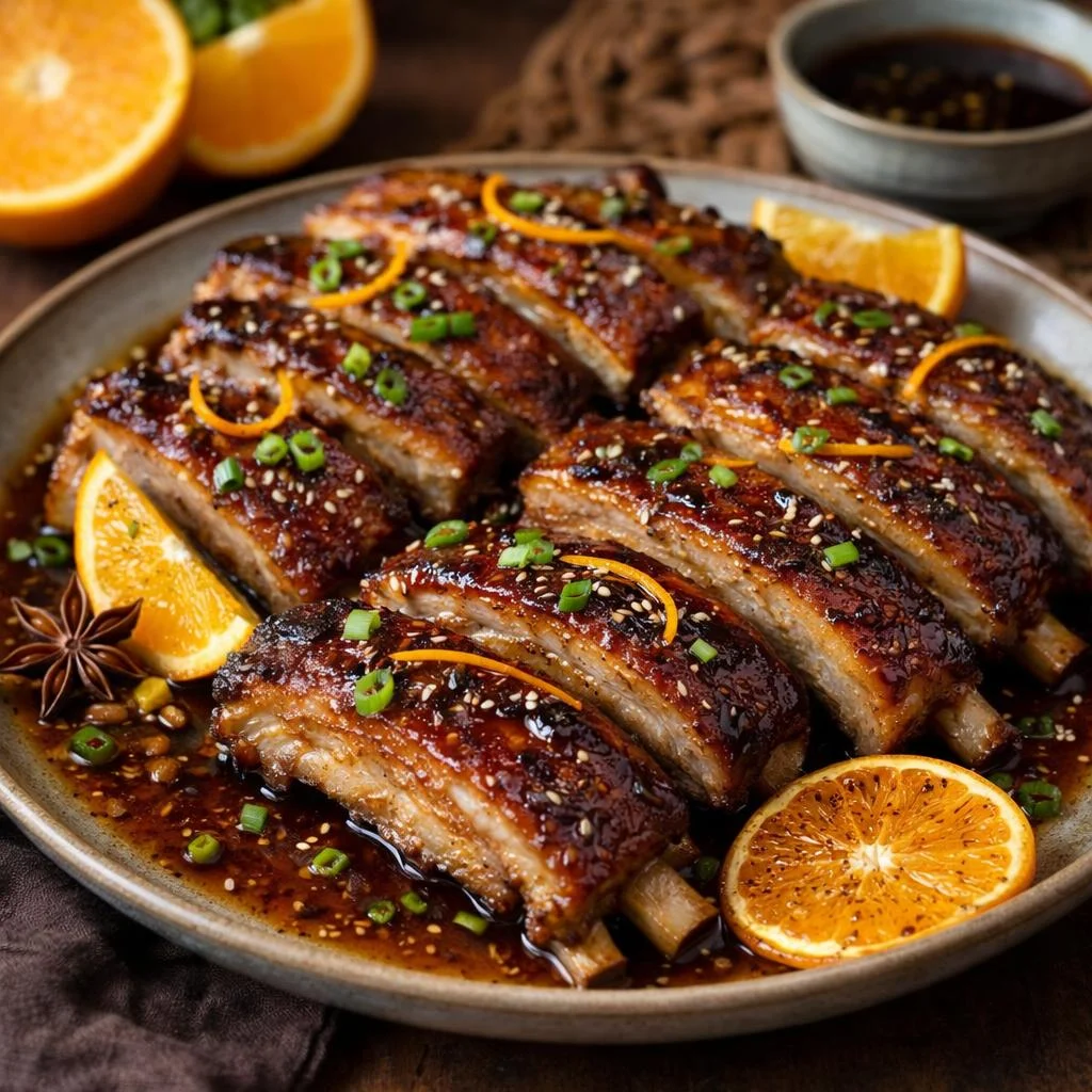 Travers de porc à l’orange, soja et cinq-épices