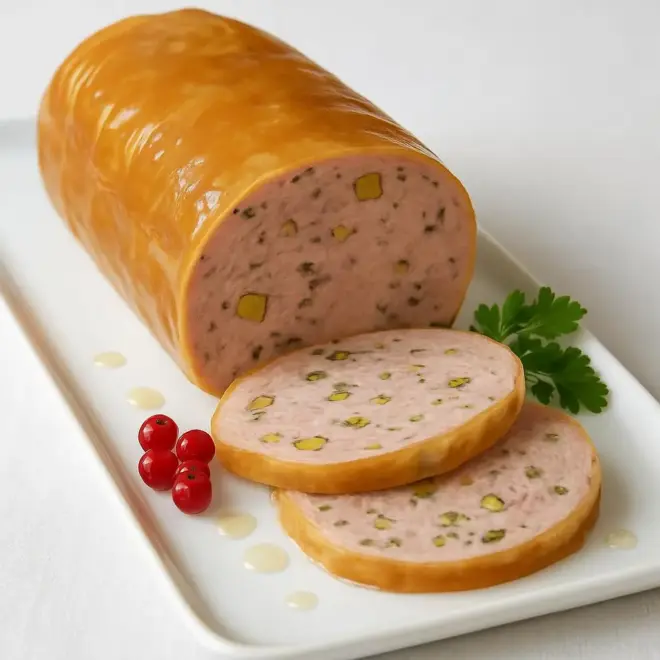 Galantine de porc fermière aux herbes et pistaches, en gelée légère