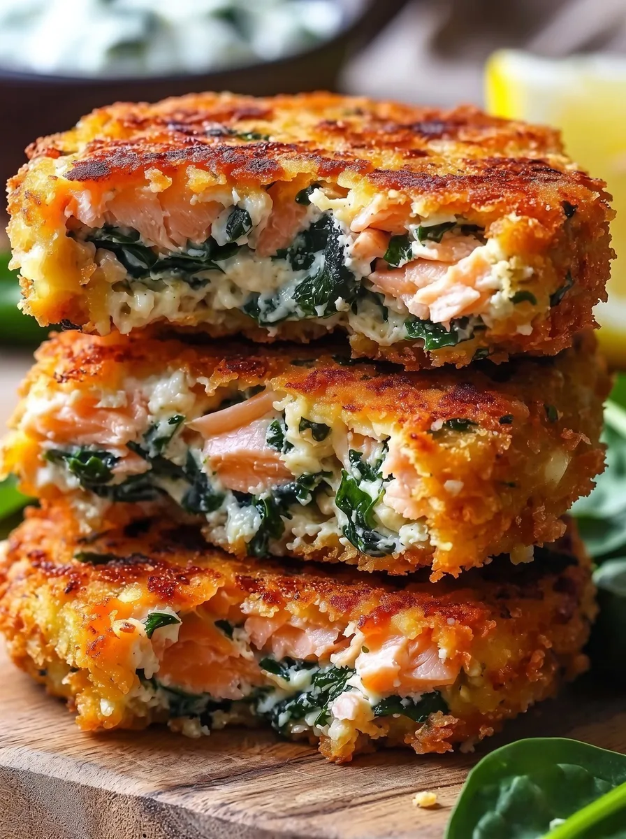 Gâteaux de saumon à la friteuse à air avec épinards et feta