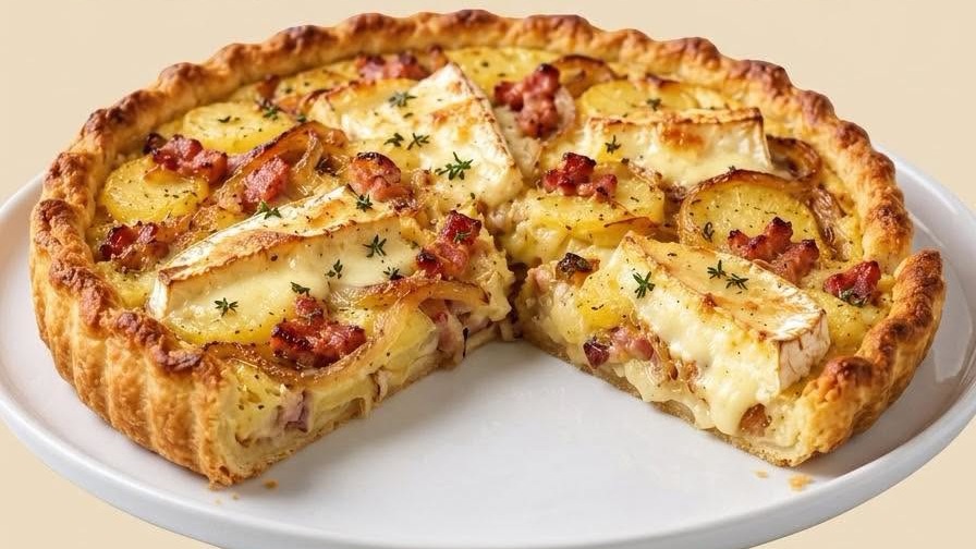Tarte aux oignons, pommes de terre et camembert
