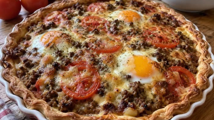 Tarte à la viande hachée tomates et œuf