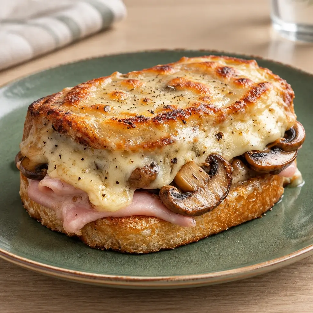 Croque-monsieur champignons et jambon, gratiné au comté