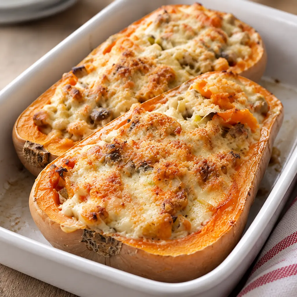 Courge butternut farcie gratinée, crémeuse et dorée