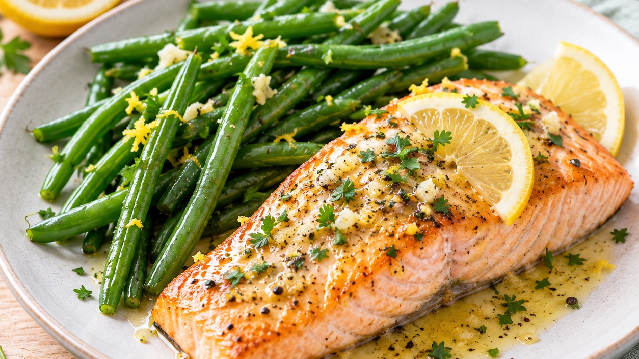 Poêlée de saumon au citron et haricots verts