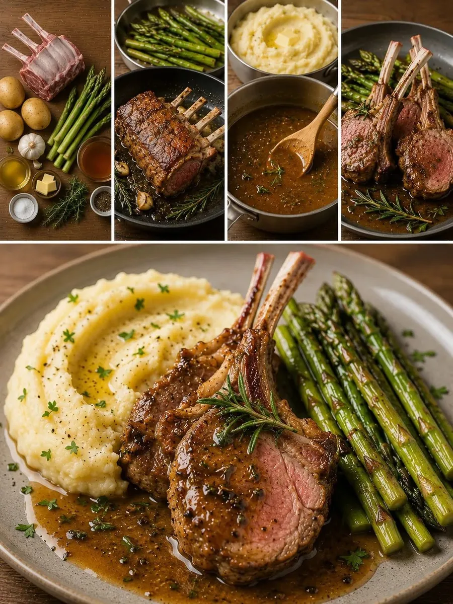 Carré d'Agneau Sauce Romarin, Purée Maison & Asperges Rôties