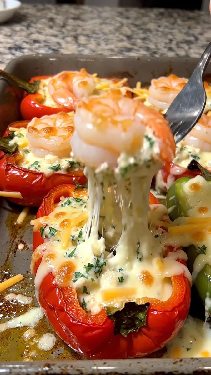 Bateaux de Poivrons Farcis aux Crevettes et Fromage