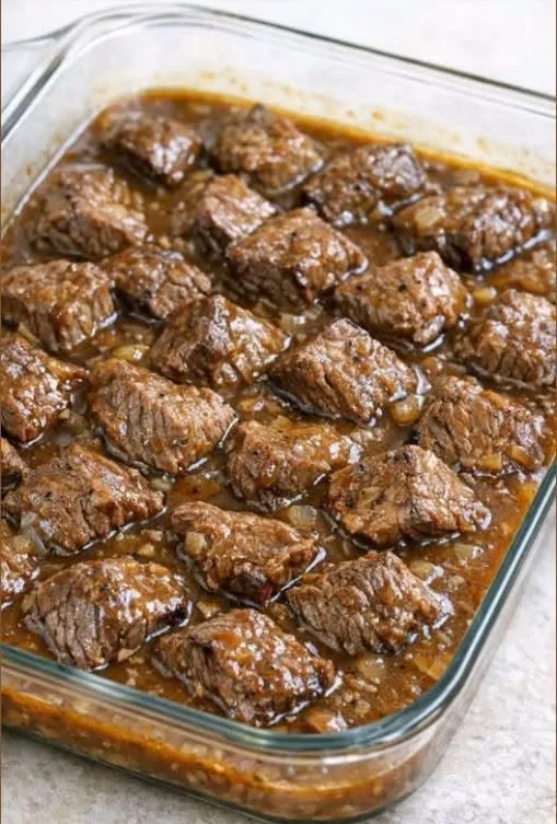Bœuf mijoté au four, sauce brune aux oignons