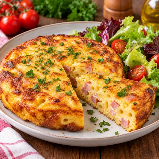 Frittata de pâtes au jambon et salade acidulée
