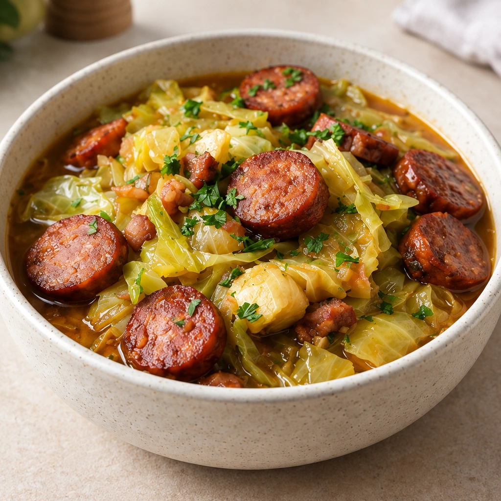 Mijoté de chou aux saucisses fumées et aux lardons