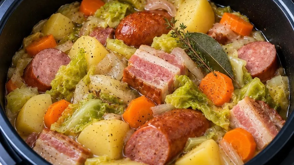 Poitrine de porc fumée et saucisses de Montbéliard au chou et pommes de terre