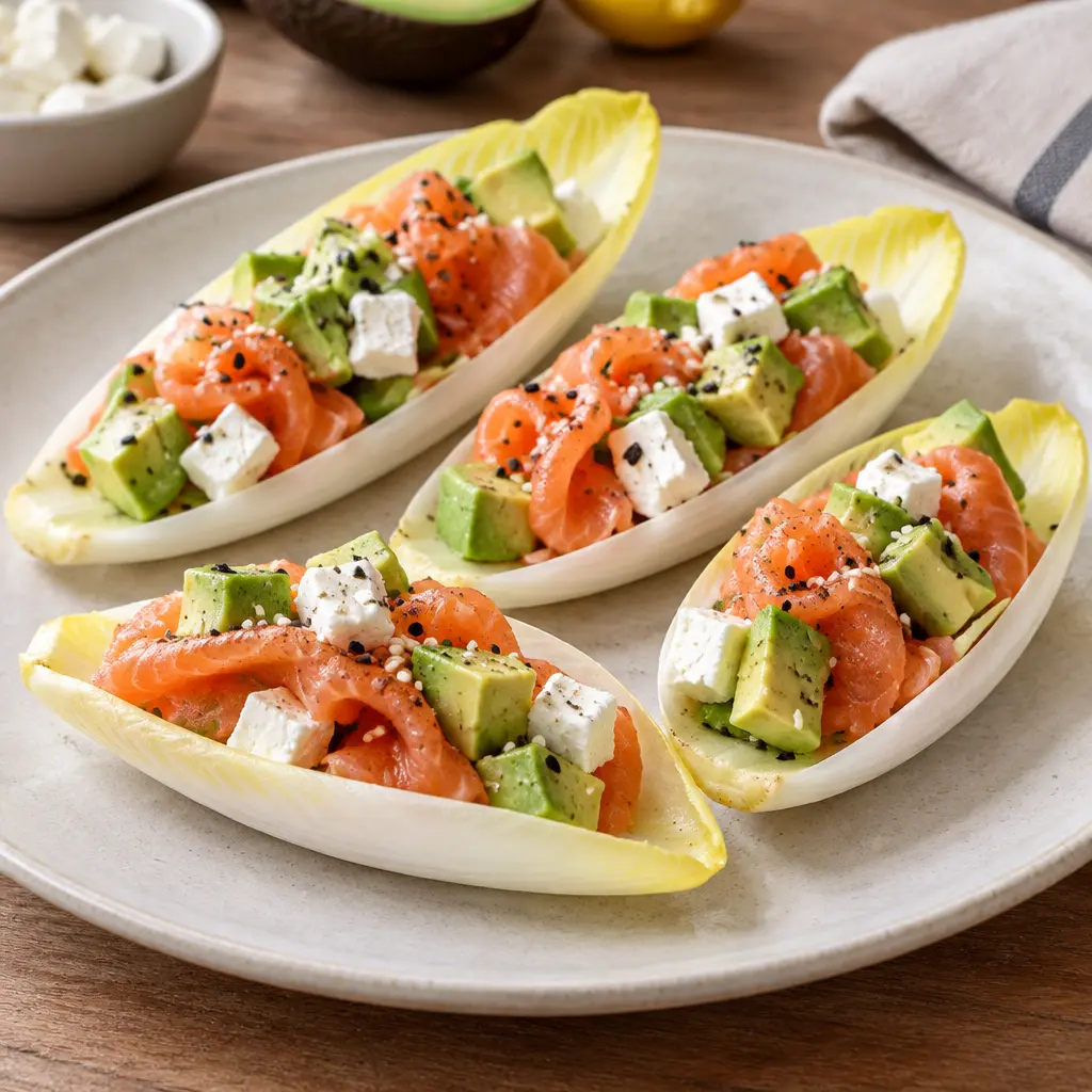 Barquettes d’endive au saumon fumé, fraîches et croquantes