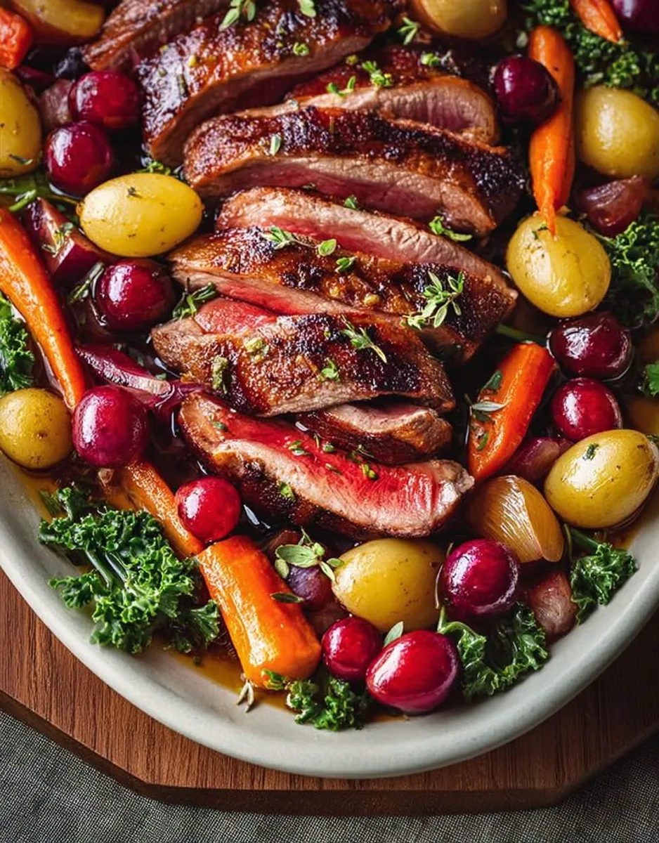 Magrets de canard aux légumes racines et raisins rouges