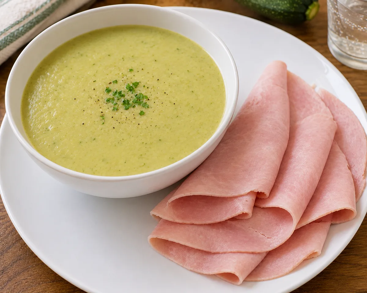 Velouté de courgette et pomme de terre, jambon blanc découenné