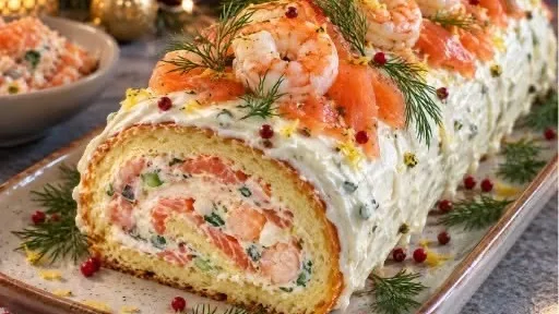 Bûche Salée de Noël aux Crevettes & Saumon Fumé