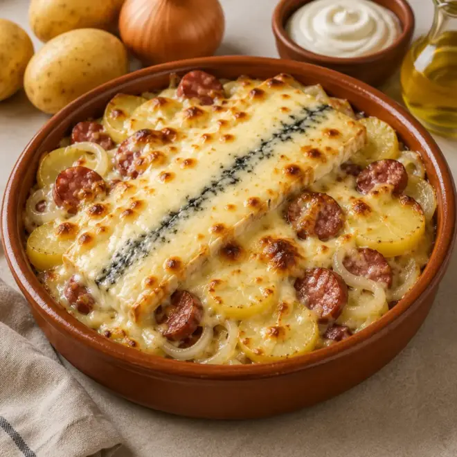 Gratin de pommes de terre à la saucisse fumée et au fromage fondant