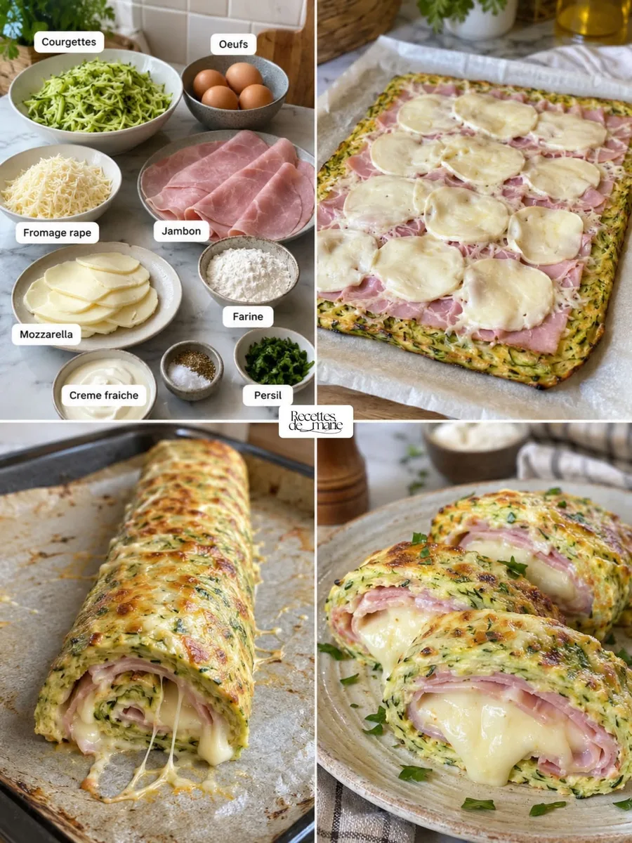 Roulé de courgettes au fromage et jambon