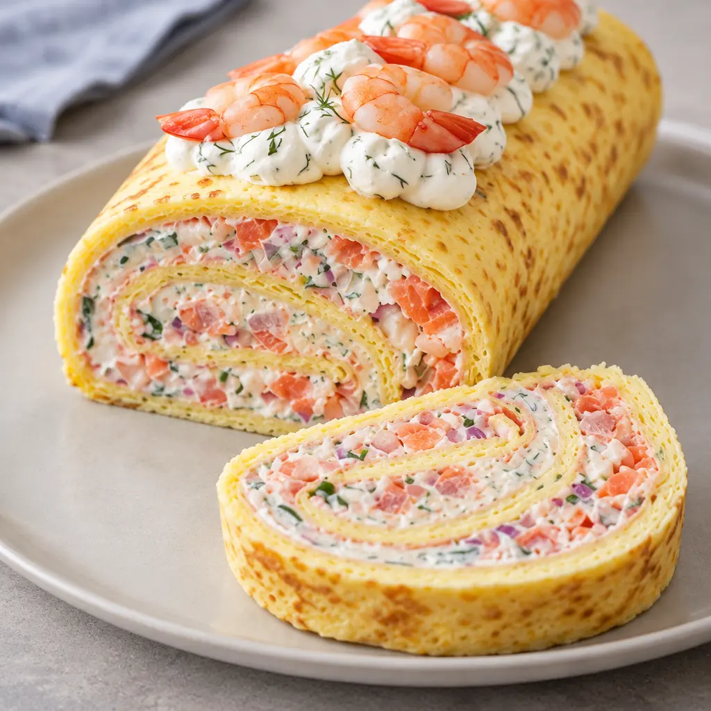 Roulé d’omelette aux crevettes et au saumon, crémeux et frais