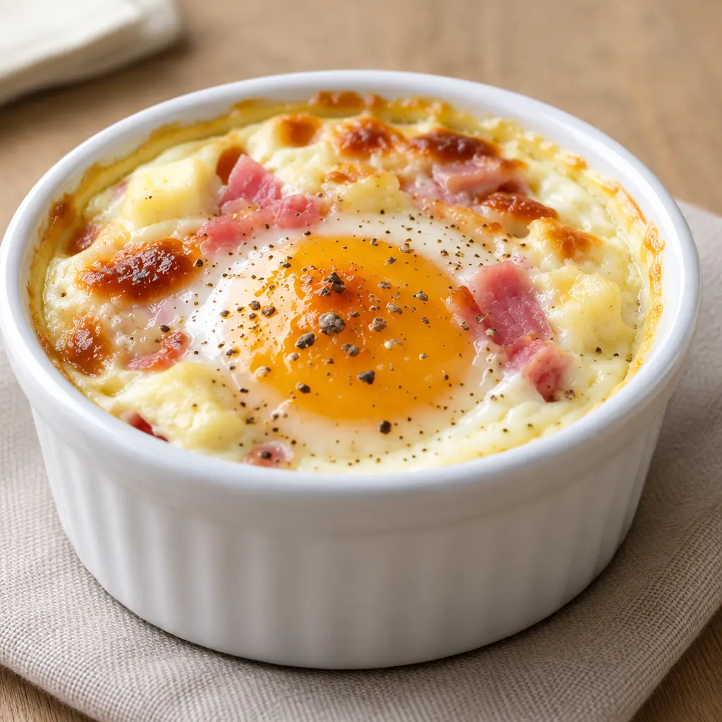 Œufs cocotte au jambon et au fromage, fondants