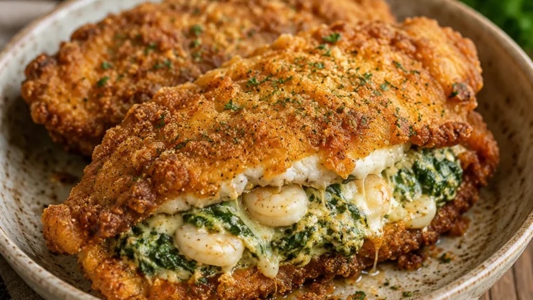 Filets de Poisson Croustillants Farcis aux Crevettes, Épinards et Fromage