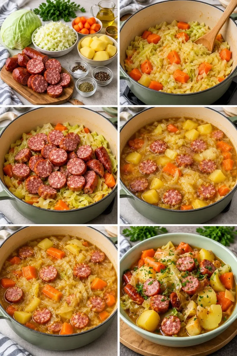 Chou vert braisé aux saucisses, pommes de terre et carottes au vin blanc