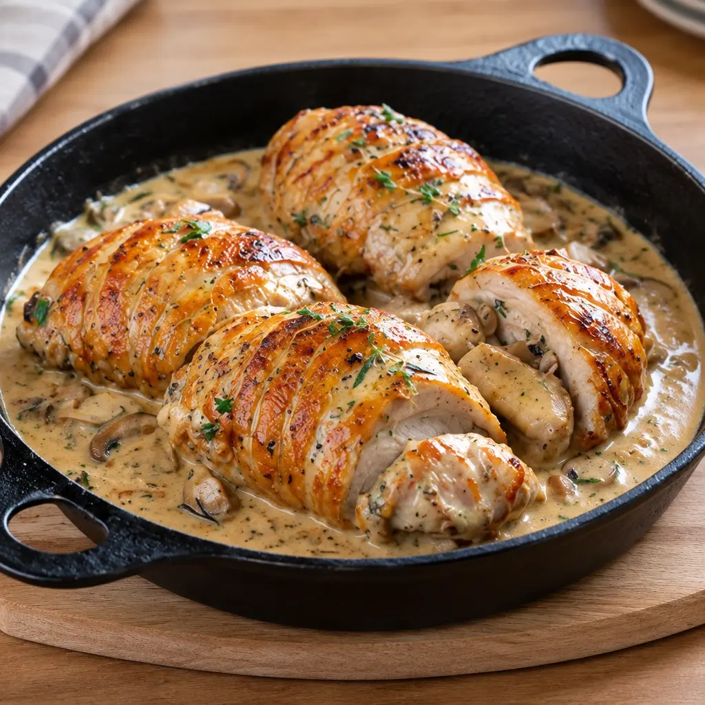 Roulés de poulet aux champignons en sauce crémeuse