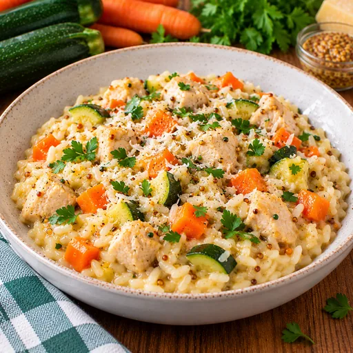 Risotto de dinde aux 2 légumes et moutarde