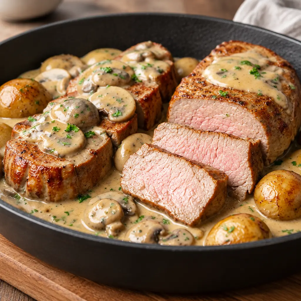 Filet mignon aux champignons, sauce crémeuse et tendre