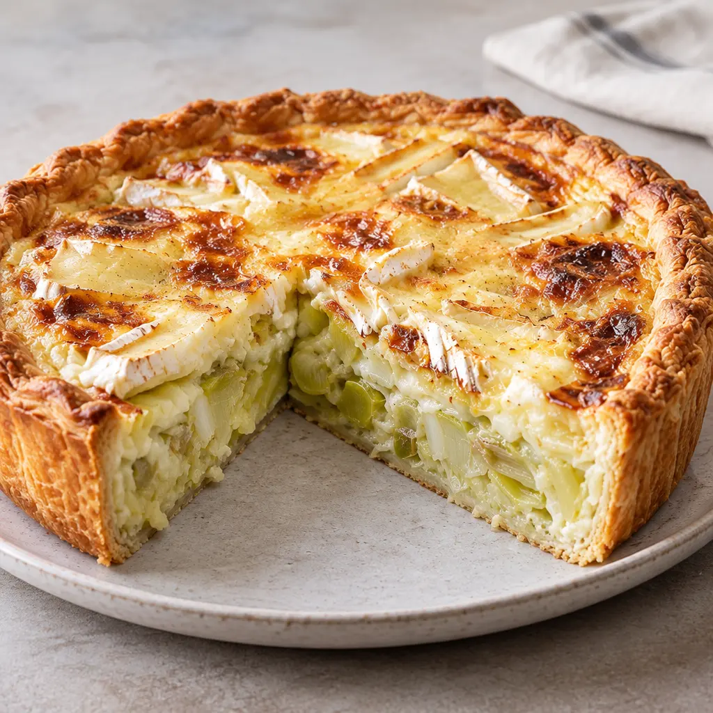 Tarte aux poireaux et au brie, fondante et dorée