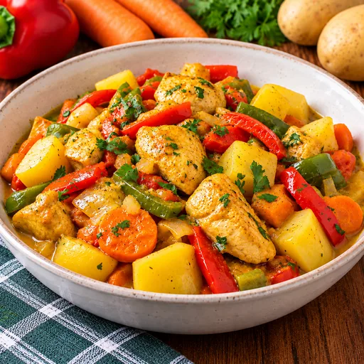 Poulet, poivrons carottes et pommes de terre