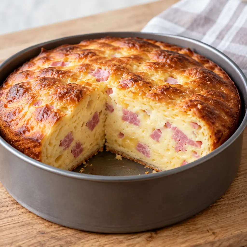 Cake salé au jambon et au fromage, doré et moelleux