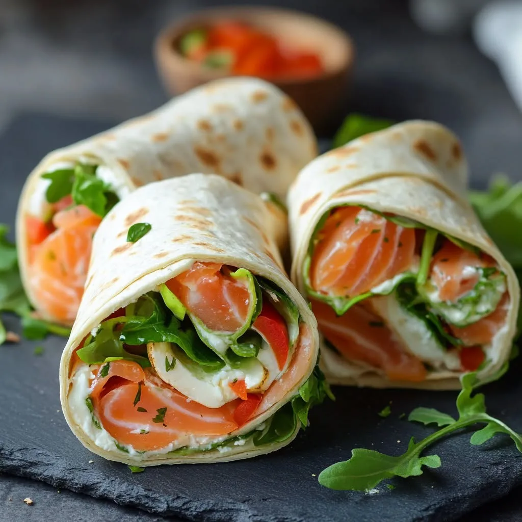 Wraps au fromage frais, saumon et roquette