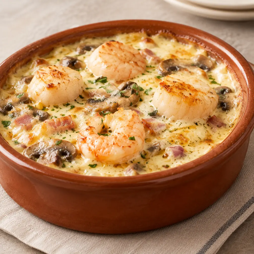 Gratin de fruits de mer, crémeux et bien gratiné
