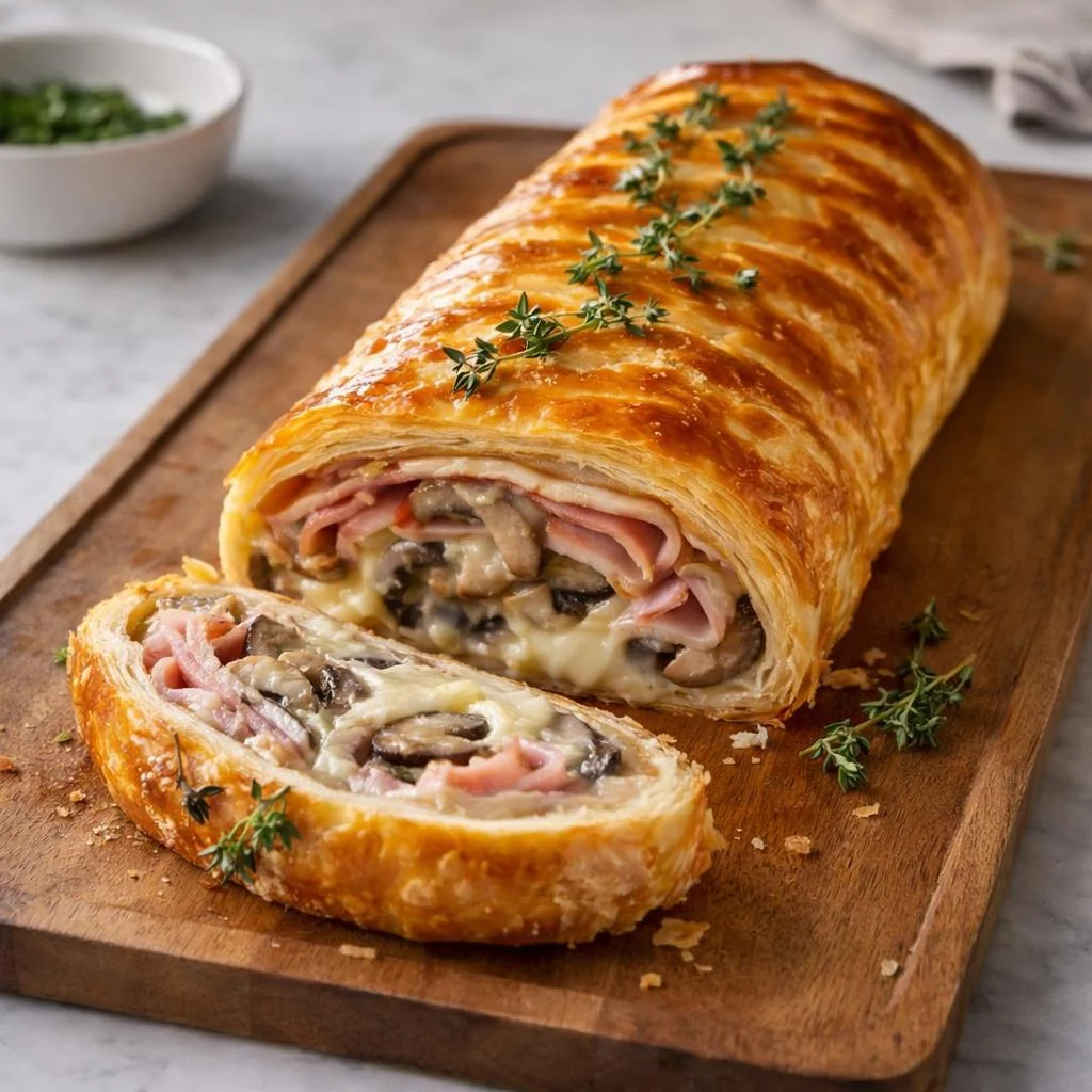 Feuilleté roulé jambon champignons mozzarella au four
