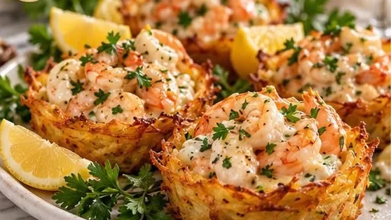 Nids de pommes de terre croustillants aux crevettes crémeuses