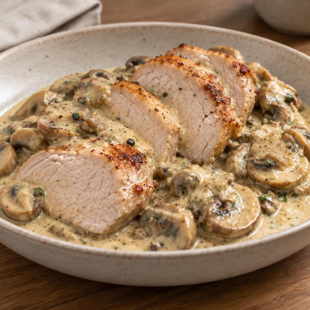 Rôti de porc aux champignons, sauce lisse et dorée